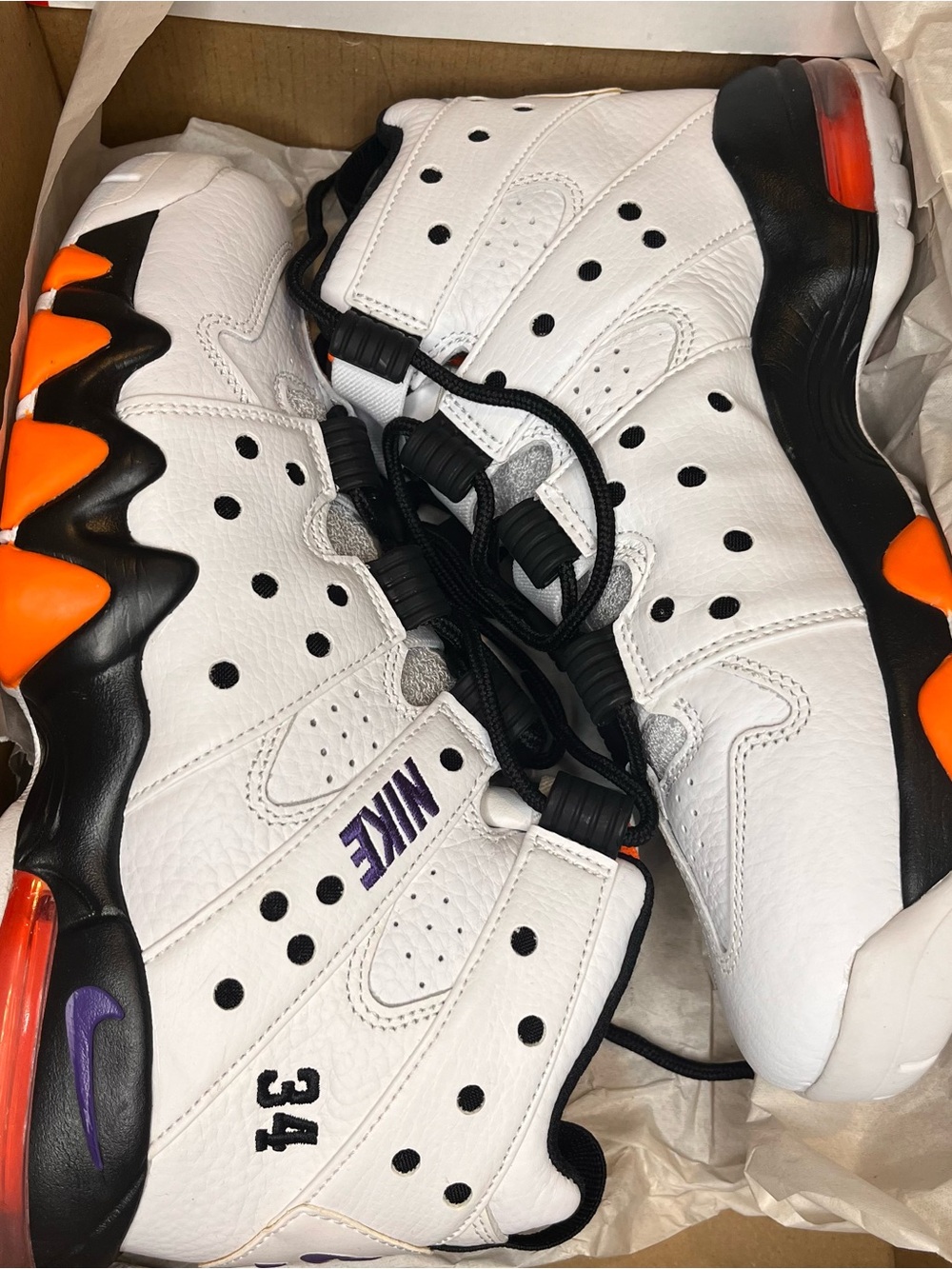 Nike Men’s White Black Orange Basketball Sneakers with Purple Accents